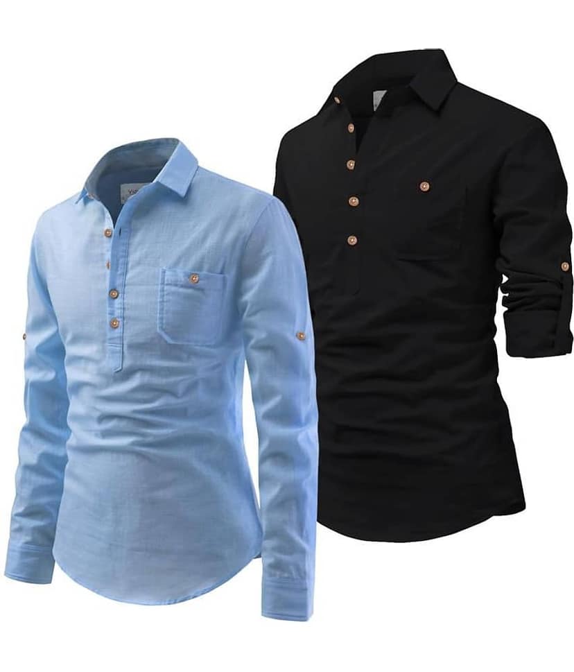 UNI VIBE Black Cotton Blend Men's Shirt Style Kurta ( Pack of 2 )