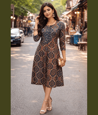 Frionkandy Women Cotton Printed A-line Dress ( Multicolor 2 )