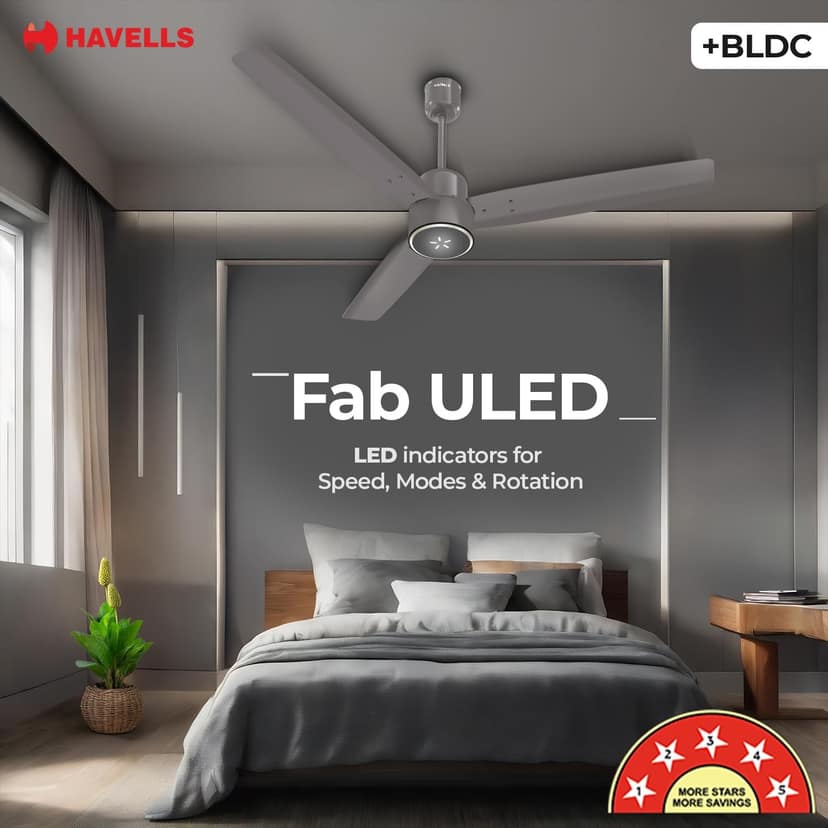 Havells FAB BLDC ULED Ceiling Fan 1200mm, 5 star, LED Speed Indicator, 380 RPM, Up to 65% Savings,Reverse Rotation,4 Speed Modes,Low Wattage 30W, Low Noise,Air Flow:225 CMM, 3 Year Warranty - Stone Grey view 2