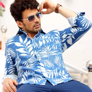 Tropical Leaves Steel Blue Casual Pure Linen Full Shirt (Size - L) by BLUE EAGLE