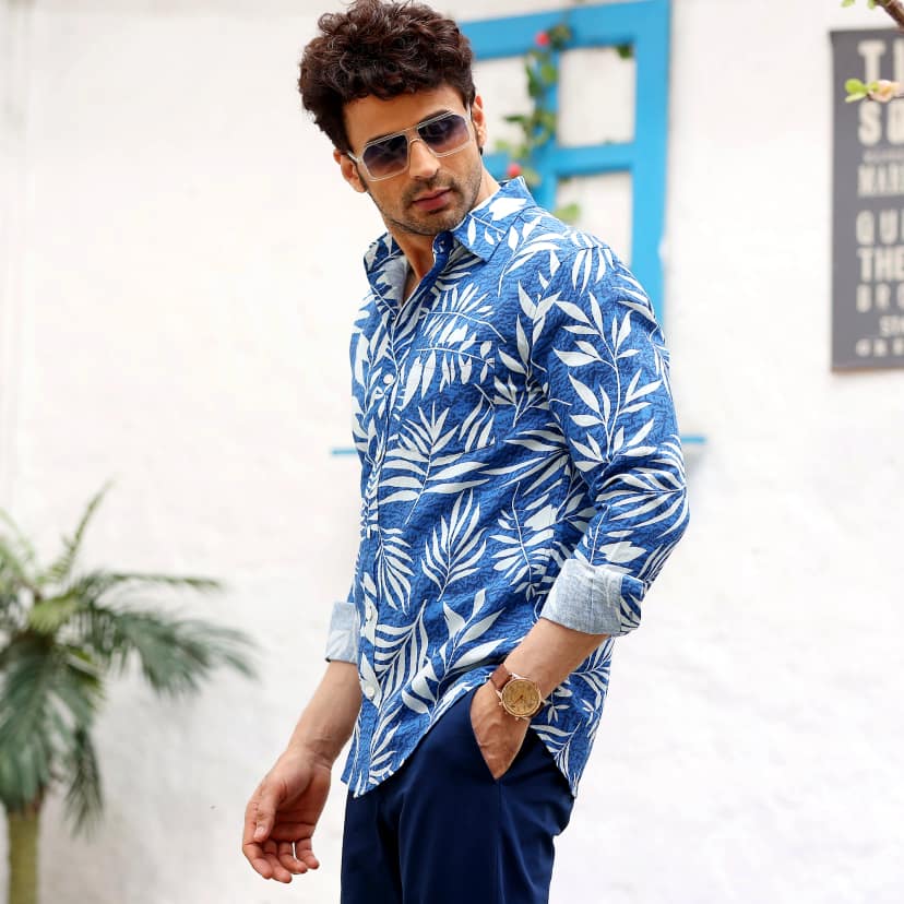 Tropical Leaves Steel Blue Casual Pure Linen Full Shirt (Size - L) by BLUE EAGLE view 2