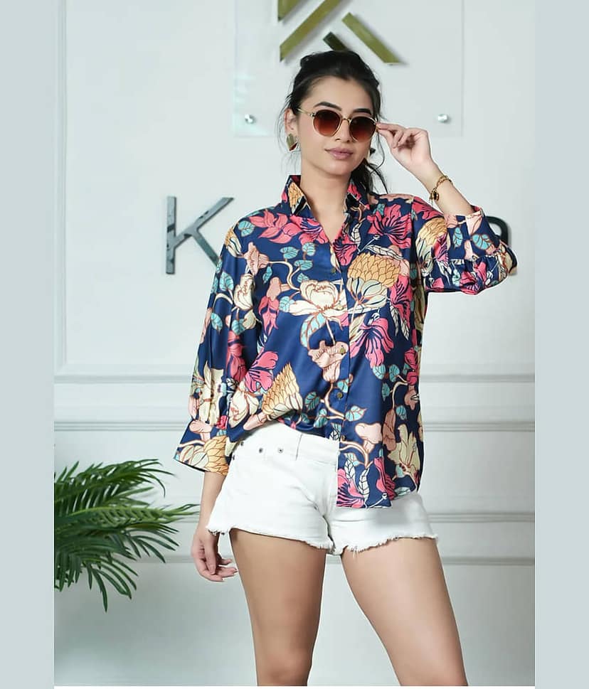 HARPITA Women Printed Satin Shirt ( Blue )