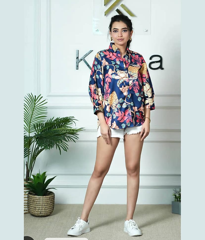 HARPITA Women Printed Satin Shirt ( Blue ) view 2