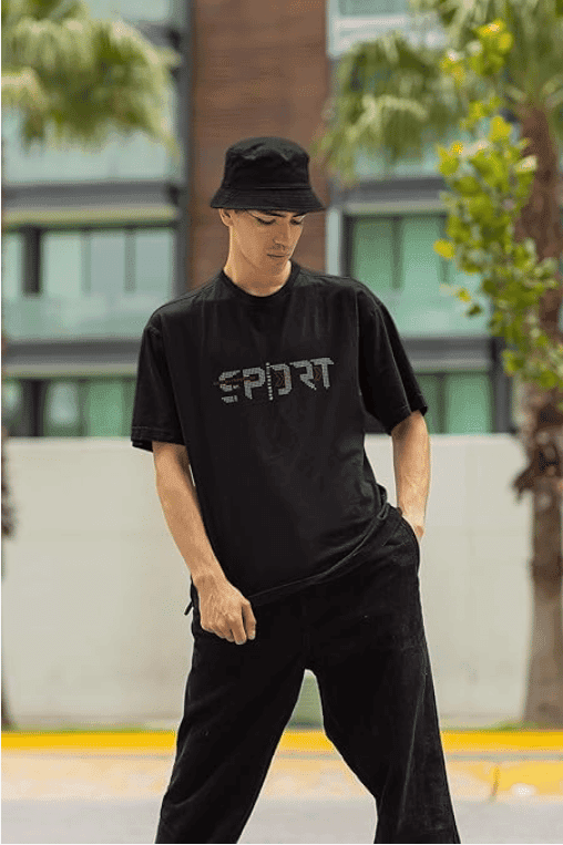 Black Oversized T-Shirt with Rhinestone "SPORT" Detailing view 3
