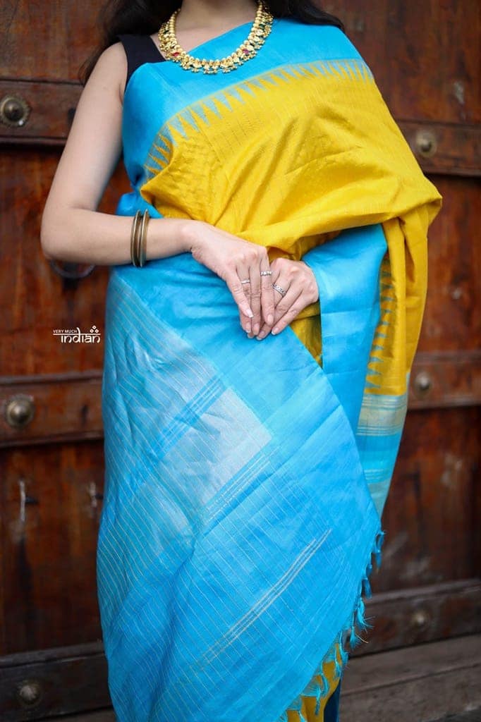 Utsaav ~ Gadwal Pure Silk Traditional Handloom Saree, Mustard Yellow with Sky Blue Border, Authentic Pure Silk view 2