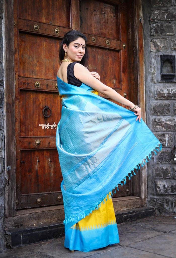 Utsaav ~ Gadwal Pure Silk Traditional Handloom Saree, Mustard Yellow with Sky Blue Border, Authentic Pure Silk view 3