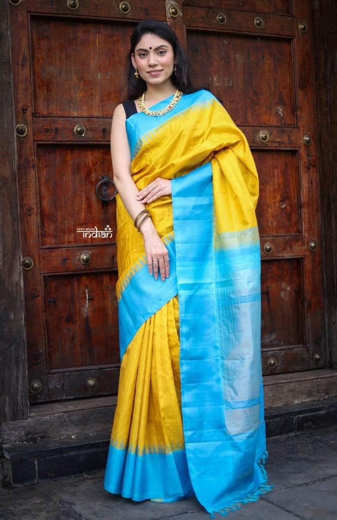 Utsaav ~ Gadwal Pure Silk Traditional Handloom Saree, Mustard Yellow with Sky Blue Border, Authentic Pure Silk view 4