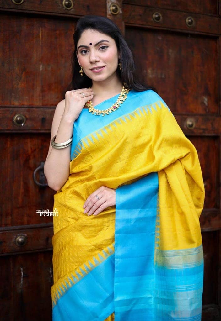 Utsaav ~ Gadwal Pure Silk Traditional Handloom Saree, Mustard Yellow with Sky Blue Border, Authentic Pure Silk view 5