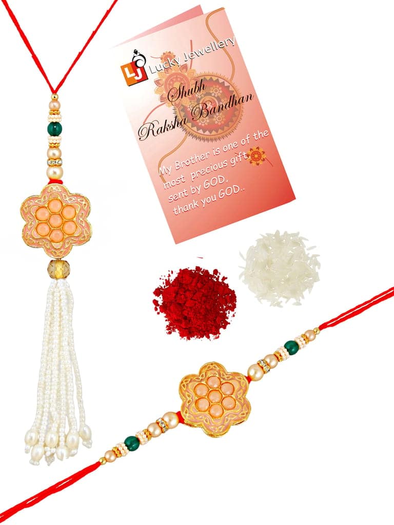 Lucky Jewellery Designer Peach Color Meena Rakhi - Rakshabandhan Rakhee with Pearl Lumba Bracelet for Brother/Bhaiya/Bhai/Bhabhi - Pack of 2 (130-JPCR1-1857-PH-2) view 3