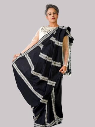 BLACK COTTON SAREE WITH ERI SILK WORK