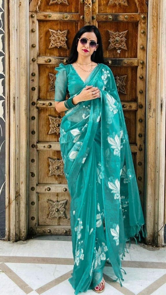 Organza Sea Green color Silk Saree Digital Embroidered with running blouse-6232 view 3