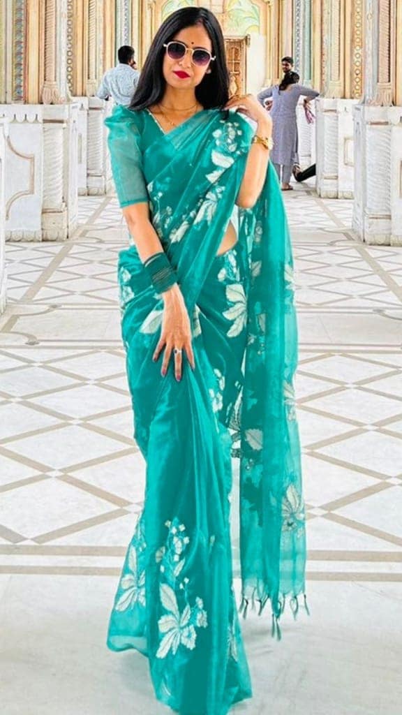 Organza Sea Green color Silk Saree Digital Embroidered with running blouse-6232 view 4