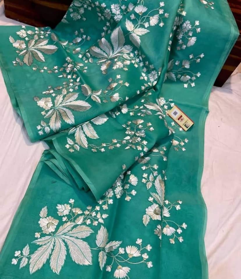 Organza Sea Green color Silk Saree Digital Embroidered with running blouse-6232 view 7