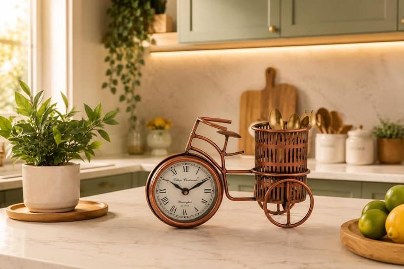 Decoriee Vintage Metal Bicycle Table Clock with Pen Stand | Antique Copper Finish Decorative Showpiece for Home & Office view 2