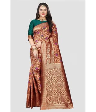Om Shantam Sarees Banarasi Silk Woven Saree With Unstitched Blouse Piece ( Red )