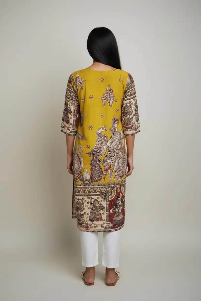 Mustard Pedana Kalamkari Screen-Print Cotton Kurti with Printed Borders view 2