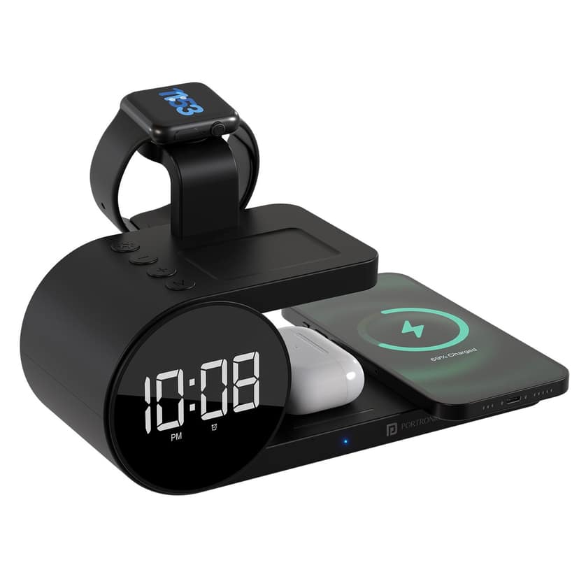 Portronics Freedom 6, 15W Wireless Charging, Digital Clock, Alarm Setting, Smartwatch/Earbuds Wireless Charging - Black