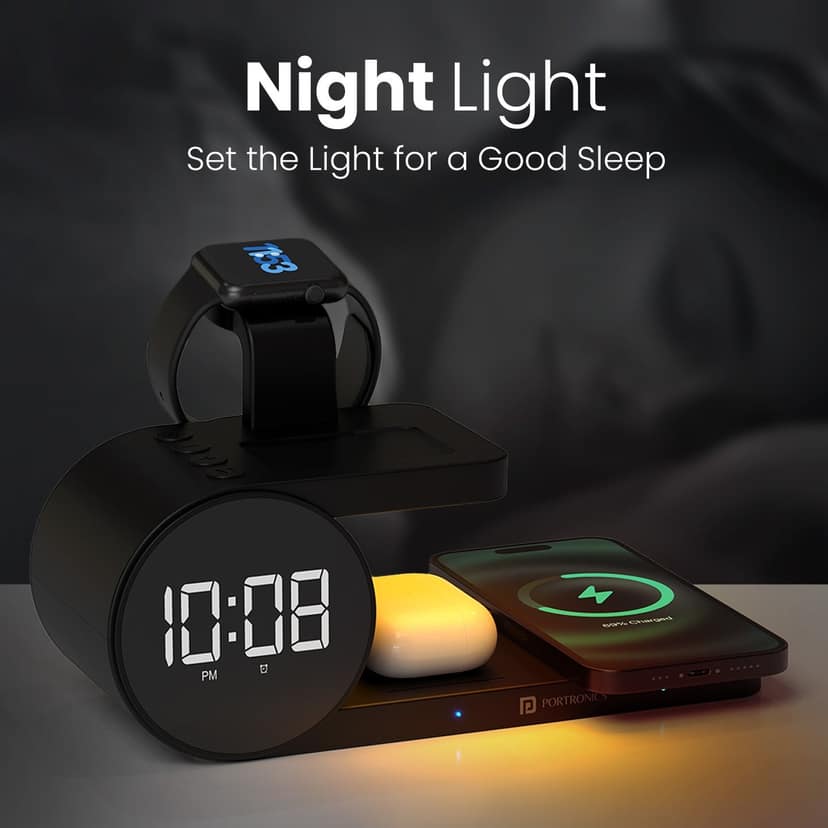 Portronics Freedom 6, 15W Wireless Charging, Digital Clock, Alarm Setting, Smartwatch/Earbuds Wireless Charging - Black view 2