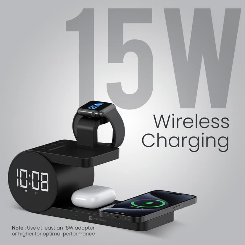 Portronics Freedom 6, 15W Wireless Charging, Digital Clock, Alarm Setting, Smartwatch/Earbuds Wireless Charging - Black view 3