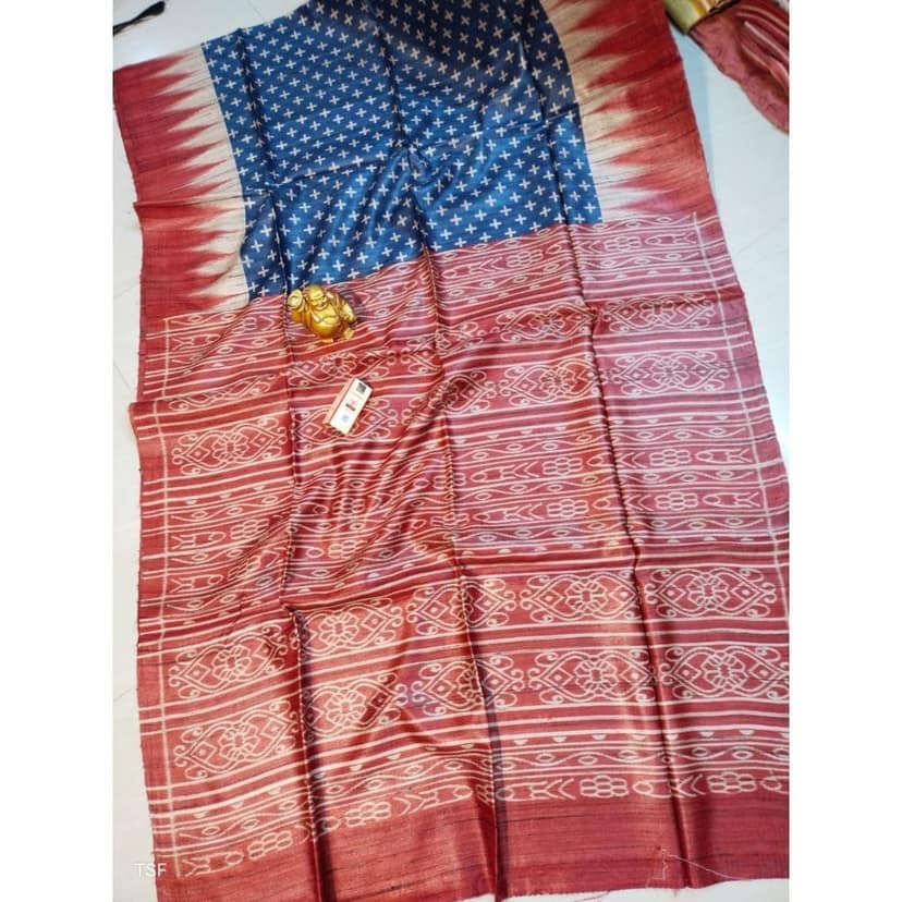 Silkmark Certified Tussar Silk Madhubani Block Print Blue Saree with Blouse-7830