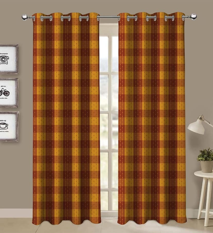 AIRWILL, Cotton Beast Maroon Designed Checkered Pattern Long Door - 4x9ft Curtains - (Pack of 2 pcs) - Maroon, Yellow