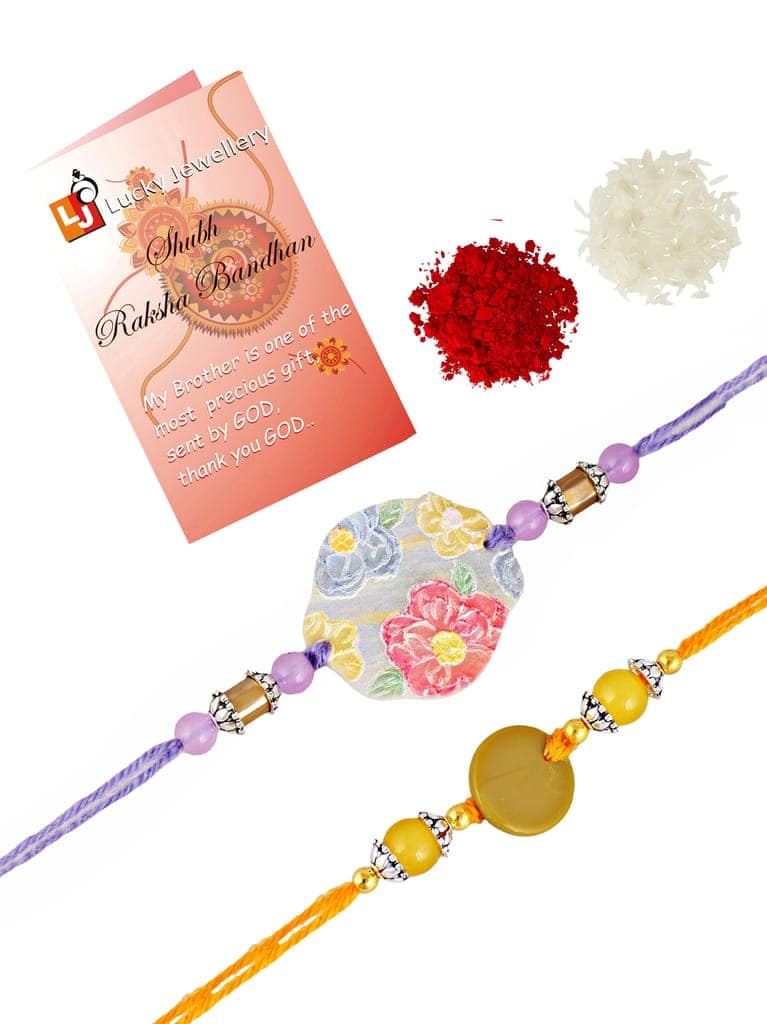 Lucky Jewellery Designer Plastic Floral Rakhi - Rakshabandhan Multi Color Rakhee Bracelet for Brother/Bhaiya/Bhai/Bhabhi - Pack of 2 (155-CHR1-1207-2) view 3