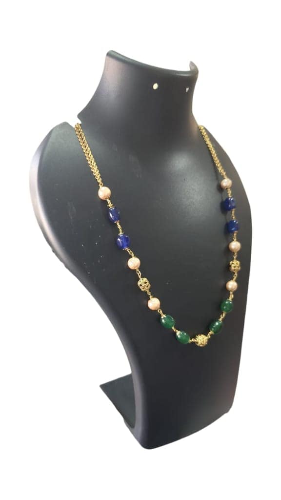 Gold Plated Pearl and Onyx Beaded Necklace with Green Stones view 3