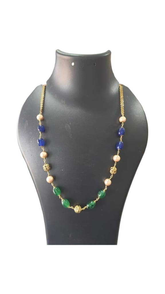 Gold Plated Pearl and Onyx Beaded Necklace with Green Stones view 4