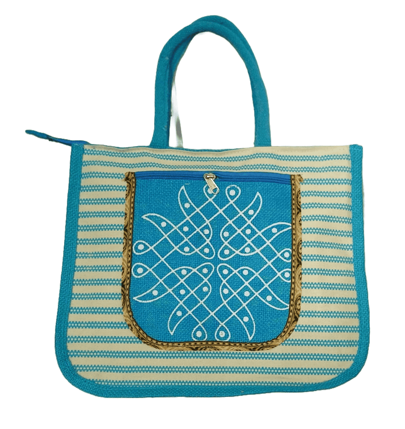 Blue and White Striped Jute Bag with Embroidery view 4
