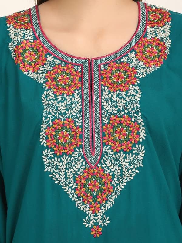 KOI SLEEPWEAR Lissybissy Cotton Nine Flowers Embroidery Full Sleeve Night Gown Teal Blue view 2