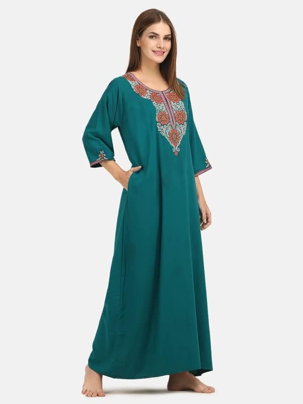 KOI SLEEPWEAR Lissybissy Cotton Nine Flowers Embroidery Full Sleeve Night Gown Teal Blue view 4