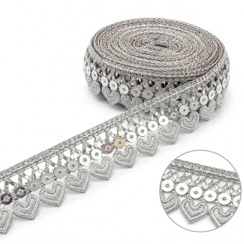Silver Lace Kiran Patti Gota Lace Zari Border with Sequin Sitara Tassels – 1.25 Inch 9 Mtr Sewing Fringe Trim Ribbon for Bridal Dupatta,Hijab,Blouse,Lehenga,and Saree (Silver) view 10