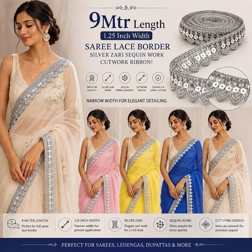Silver Lace Kiran Patti Gota Lace Zari Border with Sequin Sitara Tassels – 1.25 Inch 9 Mtr Sewing Fringe Trim Ribbon for Bridal Dupatta,Hijab,Blouse,Lehenga,and Saree (Silver) view 2