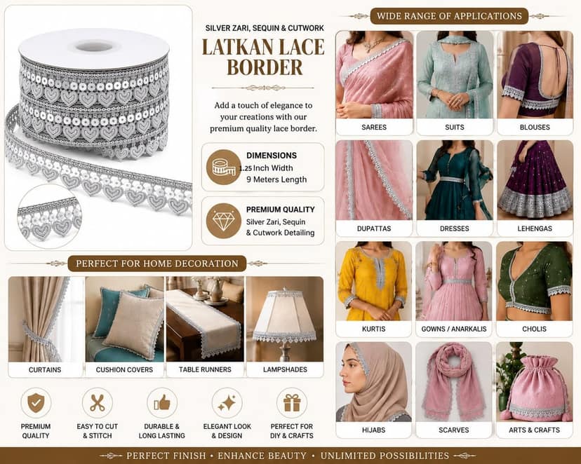 Silver Lace Kiran Patti Gota Lace Zari Border with Sequin Sitara Tassels – 1.25 Inch 9 Mtr Sewing Fringe Trim Ribbon for Bridal Dupatta,Hijab,Blouse,Lehenga,and Saree (Silver) view 4