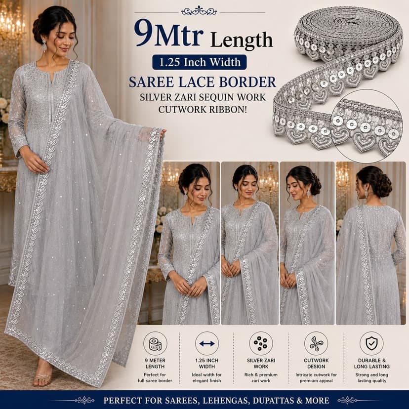 Silver Lace Kiran Patti Gota Lace Zari Border with Sequin Sitara Tassels – 1.25 Inch 9 Mtr Sewing Fringe Trim Ribbon for Bridal Dupatta,Hijab,Blouse,Lehenga,and Saree (Silver) view 5