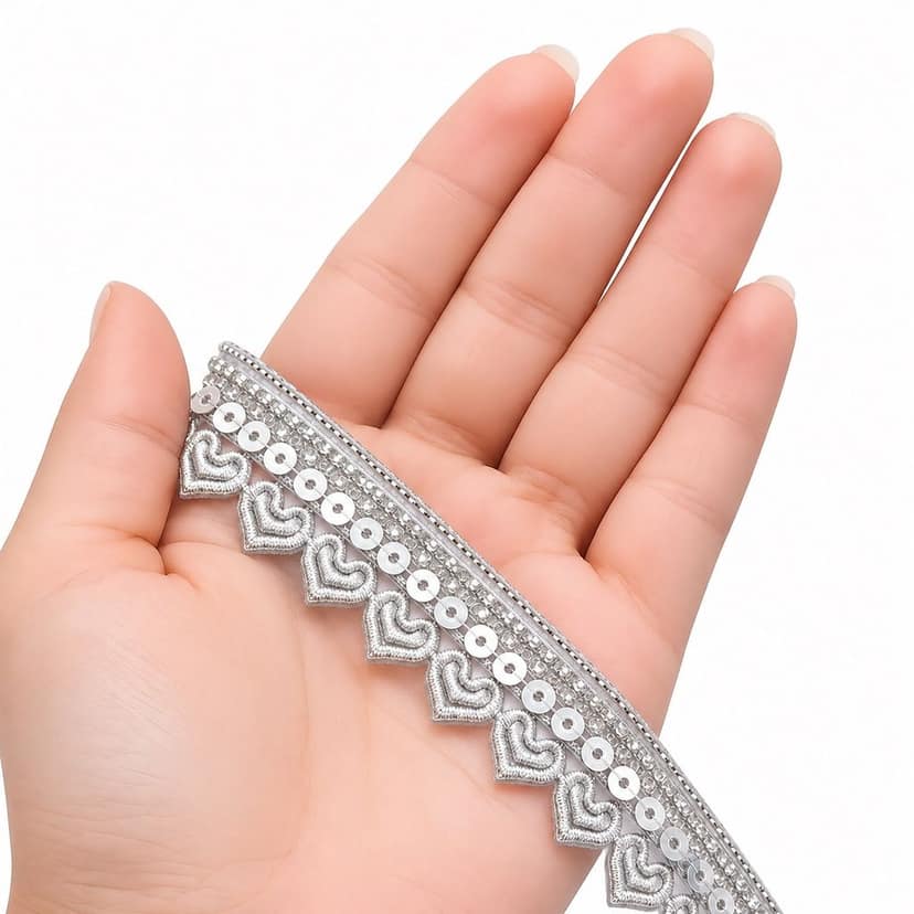 Silver Lace Kiran Patti Gota Lace Zari Border with Sequin Sitara Tassels – 1.25 Inch 9 Mtr Sewing Fringe Trim Ribbon for Bridal Dupatta,Hijab,Blouse,Lehenga,and Saree (Silver) view 6