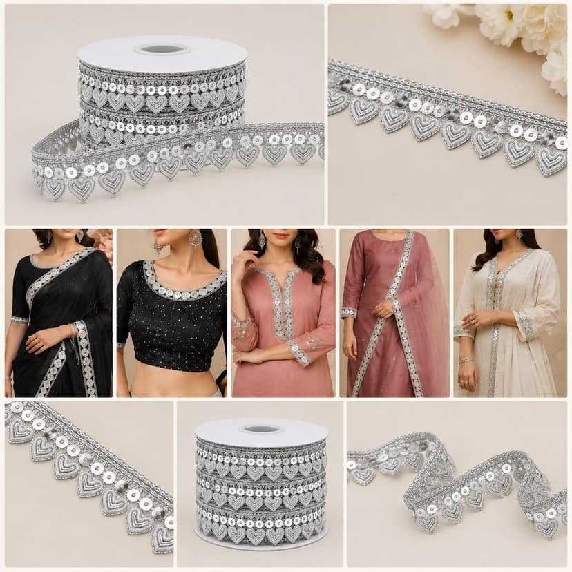 Silver Lace Kiran Patti Gota Lace Zari Border with Sequin Sitara Tassels – 1.25 Inch 9 Mtr Sewing Fringe Trim Ribbon for Bridal Dupatta,Hijab,Blouse,Lehenga,and Saree (Silver) view 7