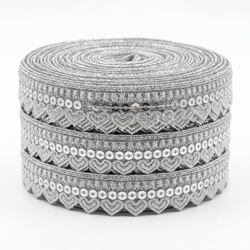 Silver Lace Kiran Patti Gota Lace Zari Border with Sequin Sitara Tassels – 1.25 Inch 9 Mtr Sewing Fringe Trim Ribbon for Bridal Dupatta,Hijab,Blouse,Lehenga,and Saree (Silver) view 9
