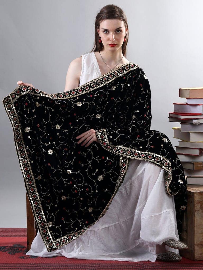 Jet-Black Zari Embroidered Bail With Sequinned Flowers and Multicolour Thread Kite On Velvet Dupatta From Amritsar view 2
