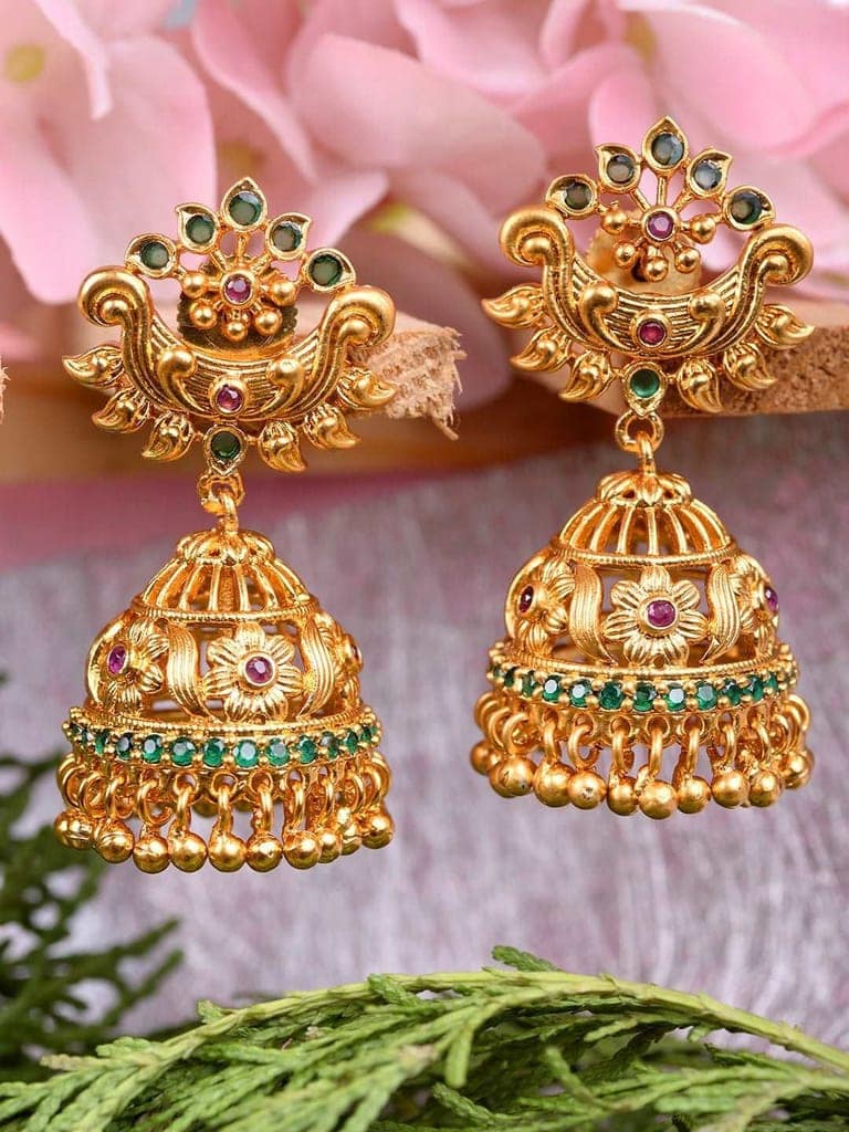 Gold Plated Multi stone studded Jhumka Earrings view 2