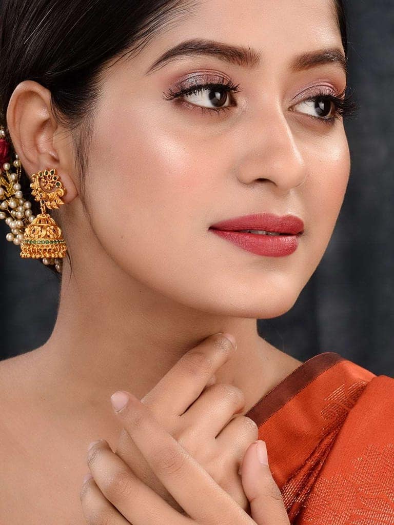 Gold Plated Multi stone studded Jhumka Earrings view 3