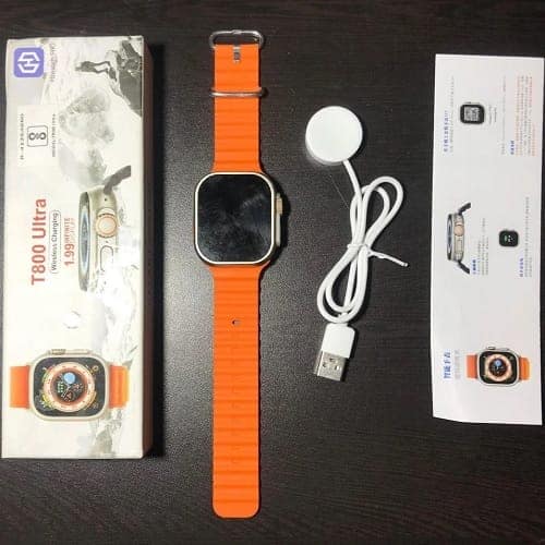T800 Ultra Smart Watch 1.99" HD Display with Bluetooth Calling, Sports Modes & Fitness Tracker (Orange Strap) view 2