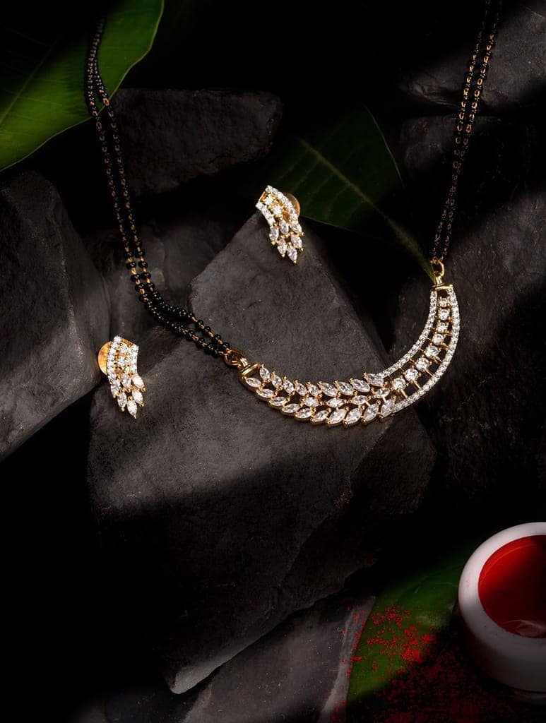 Gold Plated Black Beads AD Studded Designer Mangalsutra Combo Earrings Set view 2