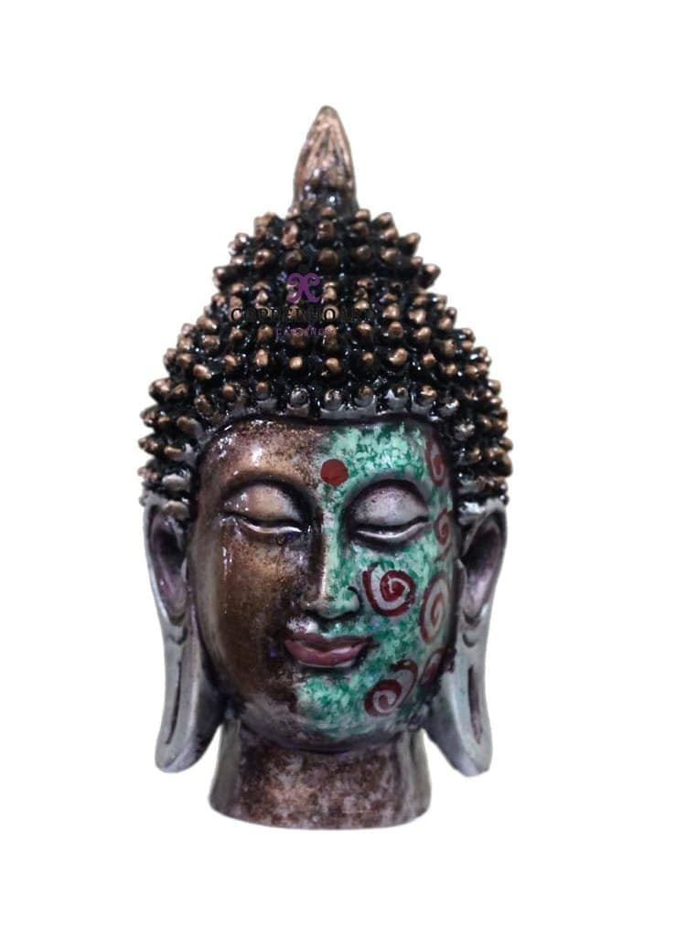 COPPERHOARD Green Art Multicoloured Resin Meditating Buddha Head Statue with Beautiful Smile for Home Decor and Gifting.