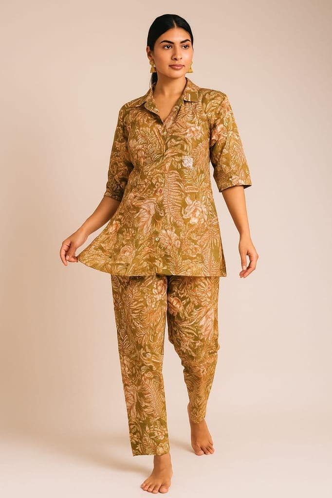 PickCell Olive Printed Delta Fabric Coord Set for Women view 3