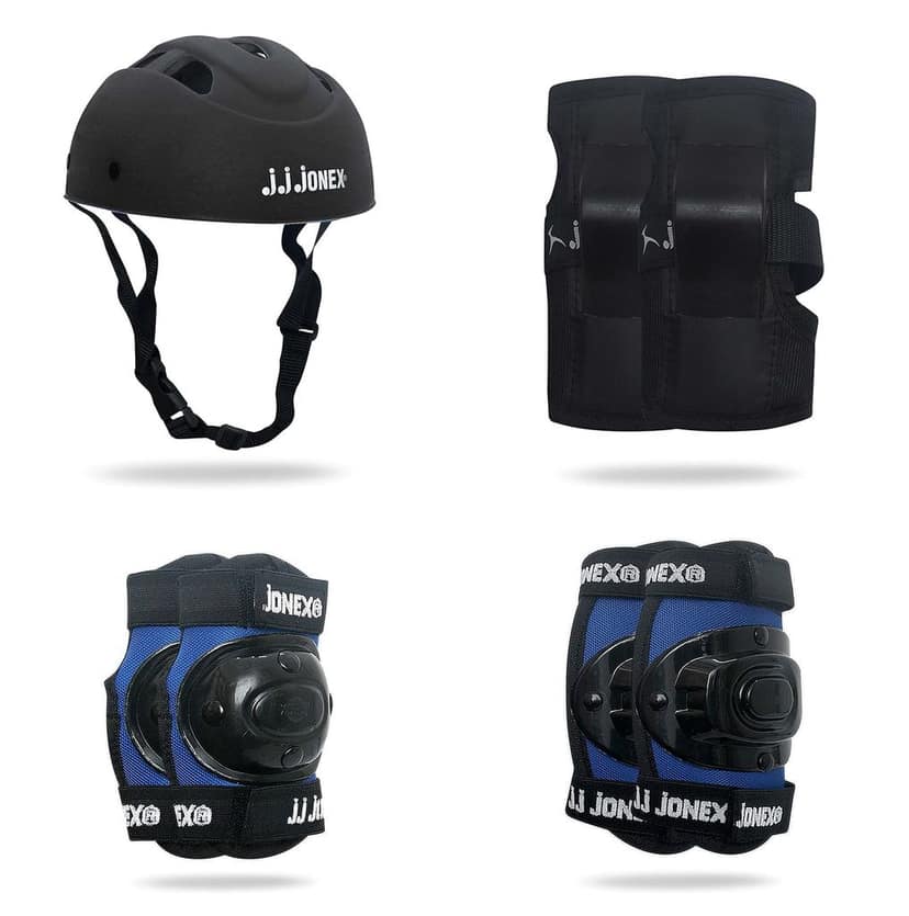 JJ Jonex Skating Guard, Protective Skating Guard Kit | Skate, Cycling Protection Set | Multi Sport Gear for Children Age 5-16 Years, Helmet Elbow Guards Knee Caps & Hand Gloves (Black-Blue, Small)