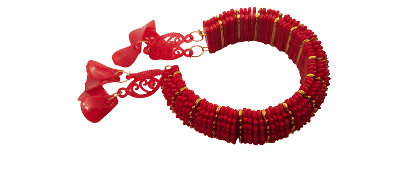 Red Beaded Bangle with Golden Accents and Bells view 2