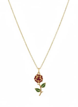 GemGleam - Gold-Tone Rose Pendant Necklace with Red and Green Crystal Embellishments, Anti-Tarnish Floral Chain Necklace