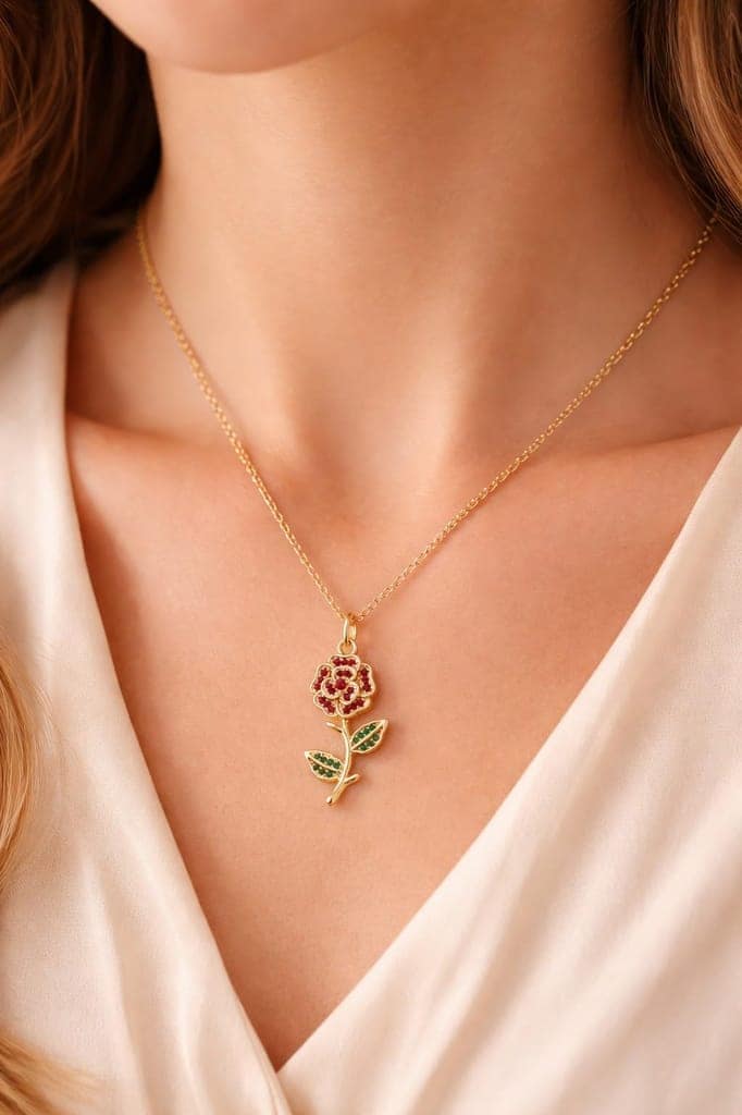 GemGleam - Gold-Tone Rose Pendant Necklace with Red and Green Crystal Embellishments, Anti-Tarnish Floral Chain Necklace view 2