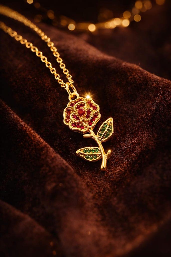 GemGleam - Gold-Tone Rose Pendant Necklace with Red and Green Crystal Embellishments, Anti-Tarnish Floral Chain Necklace view 3